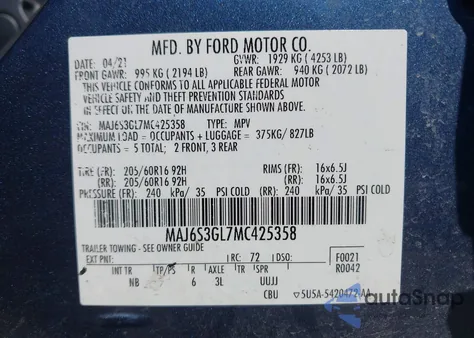 2021 Ford Ecosport Se z USA, uszkodzony, nr VIN MAJ6S3GL7MC425358